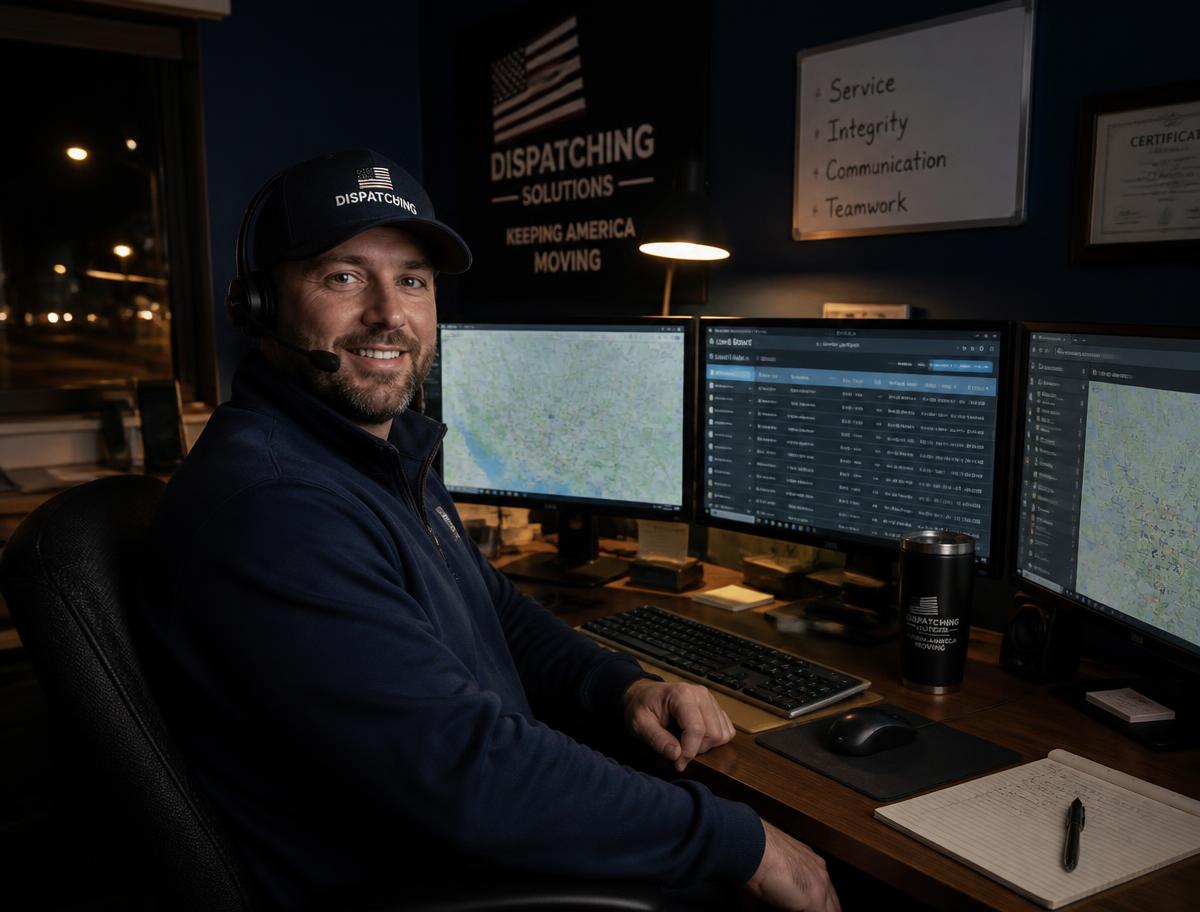 Dispatcher working load boards and route maps at night